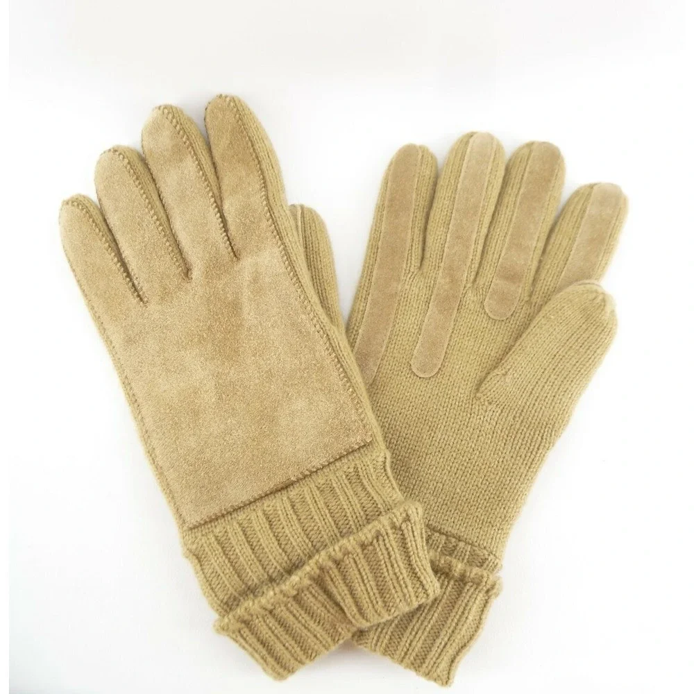 Vintage Aris Winter Gloves Womens One Size Tan Knit with Leather New‎